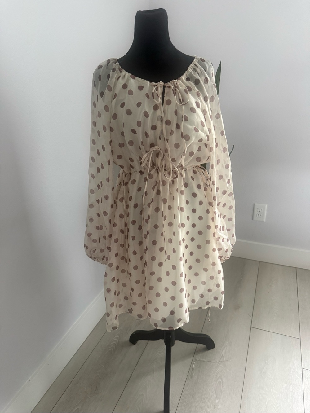 MELLODAY Cream Polka Dot Long Sleeve Peasant Dress#A13